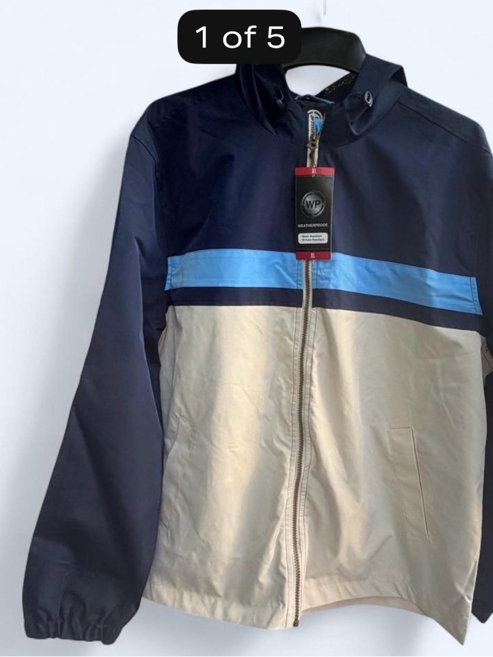 NWT Weatherproof Colorblock Windbreaker Jacket - Navy, Beige & Light Blue size